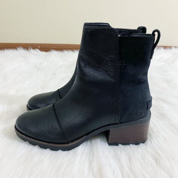 Sorel Black Cate Bootie Leather and Suede Women's Size 6 EUC Side Zip Almond Toe - Picture 3 of 9